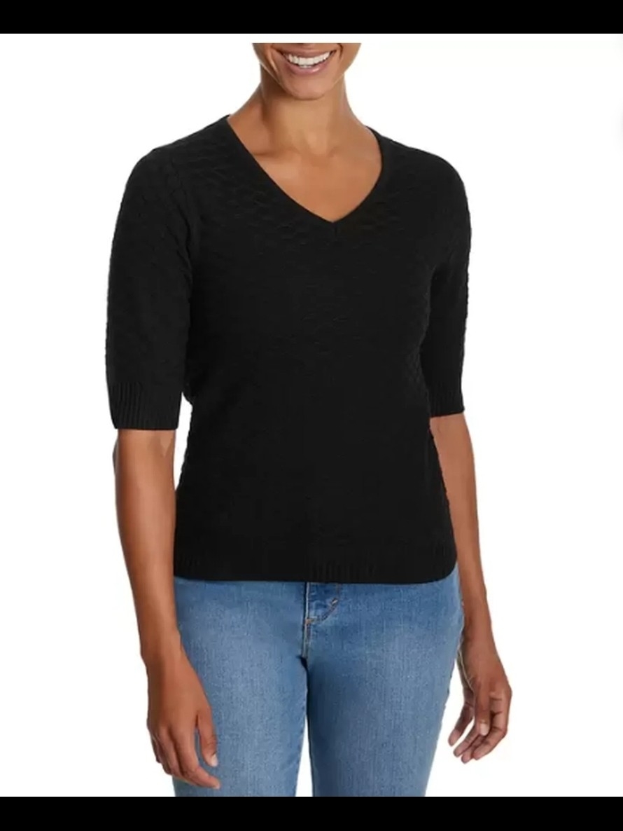 Ella Moss Women's Black Short-Sleeve V-Neck Sweater Size Small Nwt